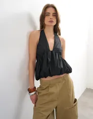 トップショップ レディース トップス タンクトップ ホルター Topshop halter neck bubble hem top Black ブラックのサムネイル