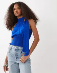 マンゴ レディース トップス シャツ アシンメトリー ギャザー Mango Teen asymmetric ruched waistop in electric blue ブルーのサムネイル