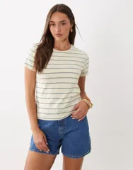 マンゴ レディース トップス Tシャツ コットン Mango 100 cotton Tshirt in yellow and navy stripes YELLOW イエローのサムネイル