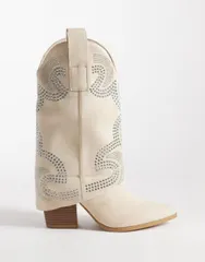 セクウェル レディース シューズ ブーツ・レインブーツ スエード SEQWL embellished cowboy knee boots in creamicrosuede CREAMICRO クリーのサムネイル