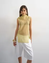 トップショップ レディース トップス タンクトップ スタンドネック Topshop organza collapsed funnel neck top in muted lime Muted limeのサムネイル