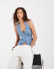 エイソス レディース トップス タンクトップ デニム ホルター ASOS DESIGN denim halterneck wrap top set MID BLUE ブルーのサムネイル