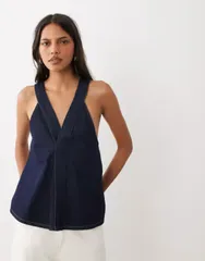 エイソス レディース トップス タンクトップ デニム ASOS DESIGN cross back denim top in rinse MID BLUE ブルーのサムネイル