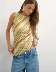トップショップ レディース トップス タンクトップ アシンメトリー ギャザー メッシュ Topshop ruched shoulders asymmetric mesh top stripes BROのサムネイル