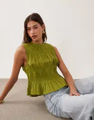 エイソス レディース トップス タンクトップ リネン ASOS DESIGN linen blend shir red top in dark lime Dark lime ライムのサムネイル