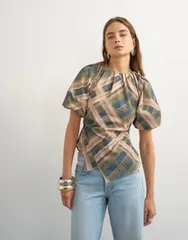 トップショップ レディース トップス タンクトップ Topshopuff sleeve wrap hem detail toplaid Green check グリーンのサムネイル