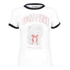 ガニー レディース トップス シャツ プリント Ganni Womens Kitty Print Baby Tee Bright White ホワイトのサムネイル
