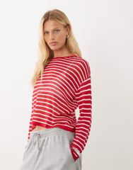 マンゴ レディース アウター ニット・セーター Tシャツ Mango Teen long sleeve light knitop stripes RED レッドのサムネイル