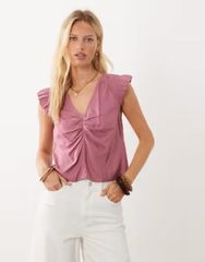 マンゴ レディース トップス シャツ Vネック Mango Teen vneck frill detailing top Maroon マルーンのサムネイル