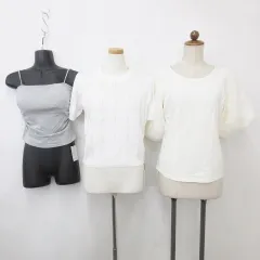 ランダ RANDA グレイル GRL カットソー ニット キャミソール 3枚セット 半袖 丸首 ボリューム袖 パット付 ギャザー パール クリーム 白 グレー ホワイト F Mのサムネイル