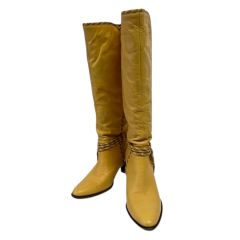 CANIS FAMILIARIS 롱 부츠 포인티드 투 청키 힐 장식 리본 라인 23.5cm 노란 옐로우