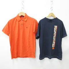 エレッセ ellesse ポロシャツ Tシャツ 2枚セット 半袖 刺繍 鹿の子 リブ 丸首 プリント オレンジ 紺 ネイビー Mのサムネイル