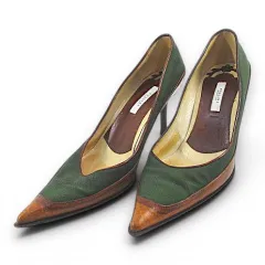 ポリーニ Pollini パンプス ピンヒール パイピング グリーン ブラウン バイカラー コンビ レザー キャンバス 37.5 イタリア製のサムネイル