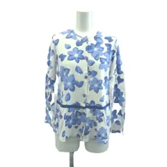 ランバン LANVIN ノーカラーペプラムカーディガン S 白 ホワイト 青 ブルー 花柄 コットン ラウンドネック 長袖 トップス /YU ■GY40のサムネイル