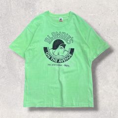 90s USA製 Hanes BLONDIE'S ON THE AVENUE Tシャツ XL ライムグリーン シングルステッチ アート 古着