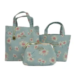 スクレ バイ ラデュレ Les Secrets LADUREE トートバッグ ポーチ 3点セット 花柄 マーガレット 総柄 ロゴ 刺繍 水色 ライトブルー /XZ ■GY99のサムネイル