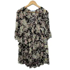 BLUMARINE(ブルマリン) カーディガン サイズI 42 レディース美品  黒×アイボリー×マルチ 七分袖/花柄/シルク/フリル/シアーのサムネイル