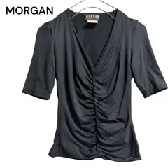 ●棚番号BI-3 MORGAN DE TOI モルガンドゥトワ カットソー 半袖 Vネック シャーリング ストレッチ 伸縮性 ブラック 黒 レディースのサムネイル