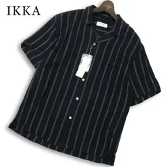 【新品 未使用】 IKKA イッカ 春夏★ 麻 リネン混 半袖 ストライプ オープンカラー シャツ Sz.L メンズ 紺 ネイビーのサムネイル
