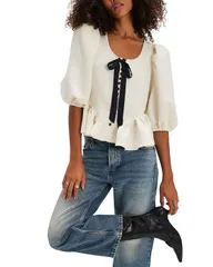 フリーピープル レディース トップス シャツ 刺繍 Free People Pamela Embroidered Bow Trim Top White Alys ホワイトのサムネイル