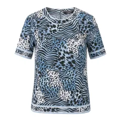 55h9 【美品】 LEONARD FASHION レオナール アニマル柄プリント カットソー 半袖Tシャツ 40 ブルー系 コットン100％ レディースu02tのサムネイル