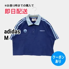 adidas アディダス ポロシャツ M ブルー 無地 ワンポイント ブランドロゴ ライン柄 半袖 レディースのサムネイル