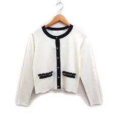 トッコ TOCCO 配色 カーディガン 丸首 パール装飾 M ホワイト 白 ブラック 黒 /FT45のサムネイル