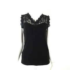 ショコラフィネローブ chocol raffine robe タンクトップ トップス リブ カットソー 花柄 レース 切替 スカラップ Vネック コットン M 黒 ブラックのサムネイル