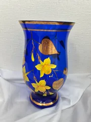 R【保管品】☆美品☆花瓶 チェコ ボヘミアガラス Bohemia Glass 鮮やか ブルー 花柄 フラワーのサムネイル