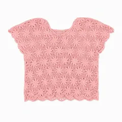 ピンク 花柄 クロシェ編み 半袖ニットトップスのサムネイル