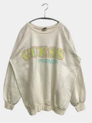 GUESS ゲス スウェット M アイボリー コットン スウェット 裏起毛 前面プリント ブランドロゴ 長袖 メンズ レディースのサムネイル