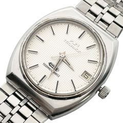 稼働/新品電池　TECHNOS　テクノス　TECHNO QUARTZ　腕時計　ヴィンテージ　アンティーク　1970年代　クォーツ　メンズ　デイト　シルバー文字盤　アナログ　3針　メタルバンド【w34】