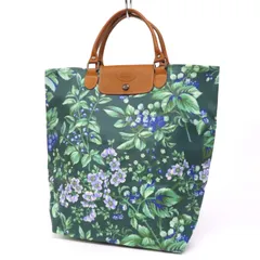 WF25519 極美品 LAURA ASHLEY ローラアシュレイ 折りたたみ トートバッグ 花柄 フラワー ショッピングバッグ PVC×レザー グリーン系 緑系×茶のサムネイル
