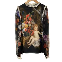 DOLCE&GABBANA ドルチェ＆ガッバーナ フラワー エンジェルプリント シアースリーブ ブラウス サイズ36 ブラック レディース 古着 中古 USEDのサムネイル
