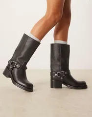 エイソス レディース シューズ ブーツ・レインブーツ レザー ASOS DESIGN Colton premium leather harness trucker knee boots BLACK Lのサムネイル