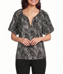 インベストメンツ レディース トップス シャツ プチ プリント ブラウス Investments Petite Size Palm Stencil Print 34 Bubble Sleeve Spl