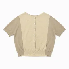 麻混 半袖ニット バックボタン ベージュ×アイボリーのサムネイル