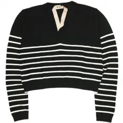 新品 N°21 ヌメロヴェントゥーノ 23SS イタリア製 A2 MAGLIA PULLOVER メリノウールVネックボーダークロップドニット 23S-A027-9000 38 BLACK セーター 定価64,900円 ハイゲージ トップス g22997のサムネイル