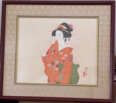 真作】絵画 渡辺八洲 日本画10号 菊花と和装美人 繊細な筆致 U128