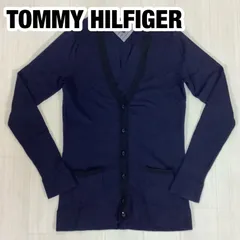 【美品】TOMMY HILFIGER トミーヒルフィガー Vネック ウール ニットカーディガン サイズM ネイビー×ブラックトリム 刺繍ロゴ ユニセックス 着丈67cm 肩幅35.5cm 身幅(脇下)41cm 袖丈63.5cm【古着】のサムネイル