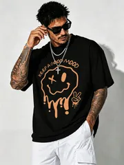 KEEP A GOOD MOOD 溶け出すようなスマイルプリントのルーズフィット・ストリートカジュアル半袖Tシャツ新品送料込メンズレディース、男女兼用