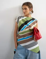 トップショップ レディース トップス タンクトップリント Topshop slash neck twist side top striped print Green Stripe グリーンのサムネイル