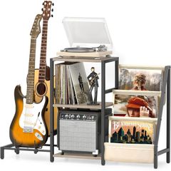 VINAEMO record rack, guitarStandThis 3-tier record rack can hold up to 200 records and is suitable for storing records, record players, speakers, and audio equipment, as well as large capacity electric guitars.StandCompatible with acoustic guitars, ukuleles, basses, and wind instruments.Standwhite t-shirt