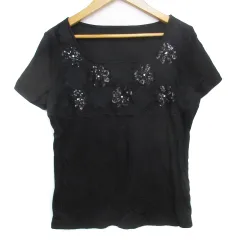ハロッズ Harrods Tシャツ カットソー 半袖 スクエアネック 刺繍 スパンコール 花柄 黒 ブラック /FF31のサムネイル