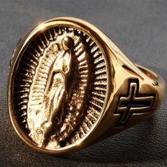 メキシカン マリアリング ゴールド メンズ ステンレス 印台リング シグネットリング 聖母マリア グアダルーペ クロス 十字架 チカーノ メキシカン アメカジ バイカー ヴィンテージ Y2K グランジ ロック パンク 古着 ユニセックス 指輪