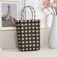 ☆ ブラックベージュ ☆ メルカドバッグ 縦型 手編み かごバッグ ビニール ビニールバッグ ビニールトートバッグ トートバッグ ビニールバケットバッグ メルカドバッグ マルシェバッグ バッグ おしゃれ かわいい 軽量 カゴバッグ シンプル 買い物バッグ