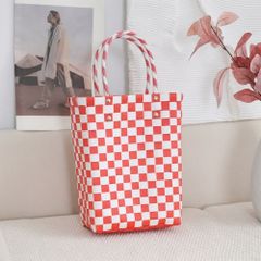 ☆ レッドホワイト ☆ メルカドバッグ 縦型 手編み かごバッグ ビニール ビニールバッグ ビニールトートバッグ トートバッグ ビニールバケットバッグ メルカドバッグ マルシェバッグ バッグ おしゃれ かわいい 軽量 カゴバッグ シンプル 買い物バッグ