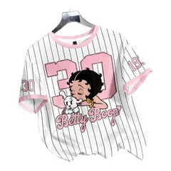 Betty Boop　ベティちゃん　Tシャツ 半袖　ホワイト×ピンク　ストライプ　ベティブープ　パジー　練習着　ダンスレッスン着　ルームウェア　部屋着　ジム着　パジャマ　カジュアル　可愛い　アメコミ　キャラクター　レトロ　ギフト　プレゼント　海外製品のサムネイル