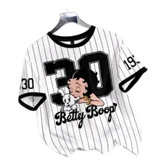 Betty Boop　ベティちゃん　Tシャツ　半袖　ストライプ　ホワイト×ブラック　ベティブープ　パジー　練習着　ダンスレッスン着　ルームウェア　部屋着　ジム着　パジャマ　カジュアル　可愛い　アメコミ　キャラクター　レトロ　ギフト　プレゼント　海外製品のサムネイル