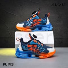 キッズ スニーカー 男の子 PU防水 ダイヤルロック 超軽量 通気性抜群 ランニングシューズ 合成革 メッシュアッパー ワンタッチ 着脱簡単 子供靴 運動靴 19.0cm-24.5cm オレンジ